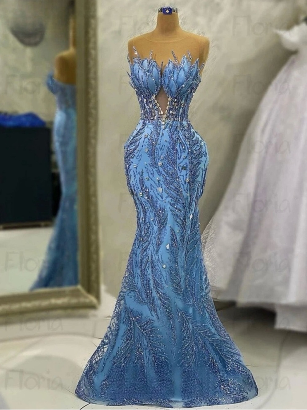 Strapless Light Blue Beaded Mermaid Gown & matching men’s suit medium (FREE)